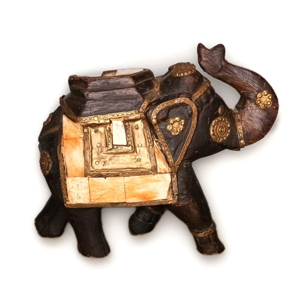 VTG Hand Carved Wood Elephant Figurine Brass & Shell Decorative Inlay Made India